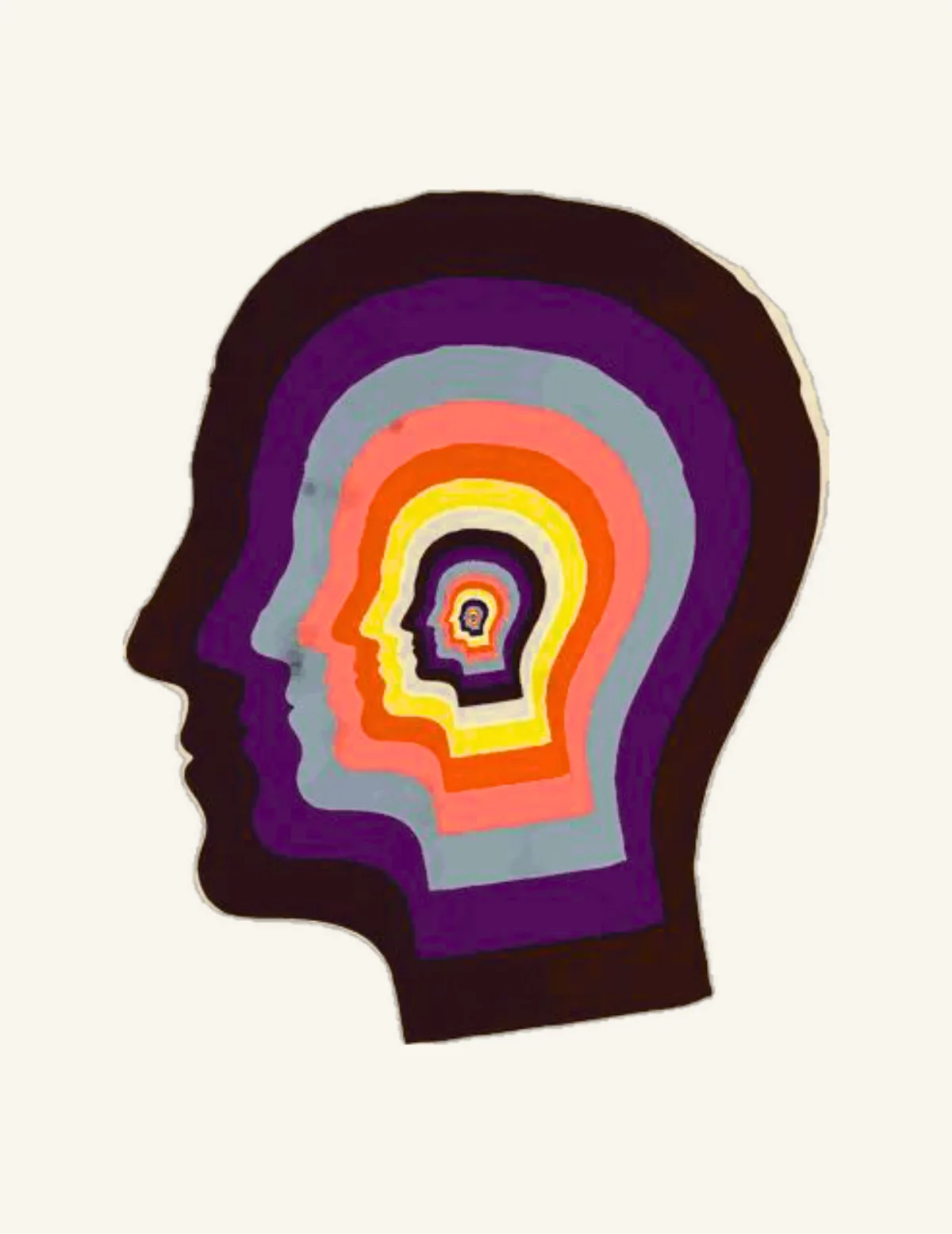 Ilustración de perfiles de cabeza anidados uno dentro de otro en morado, gris, coral, naranja y amarillo